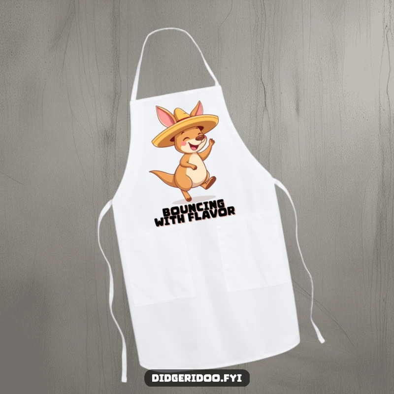 Funny Kangaroo Sombrero Apron: A happy kangaroo wearing a sombrero, bouncing with joy while cooking, adding humor to the kitchen.