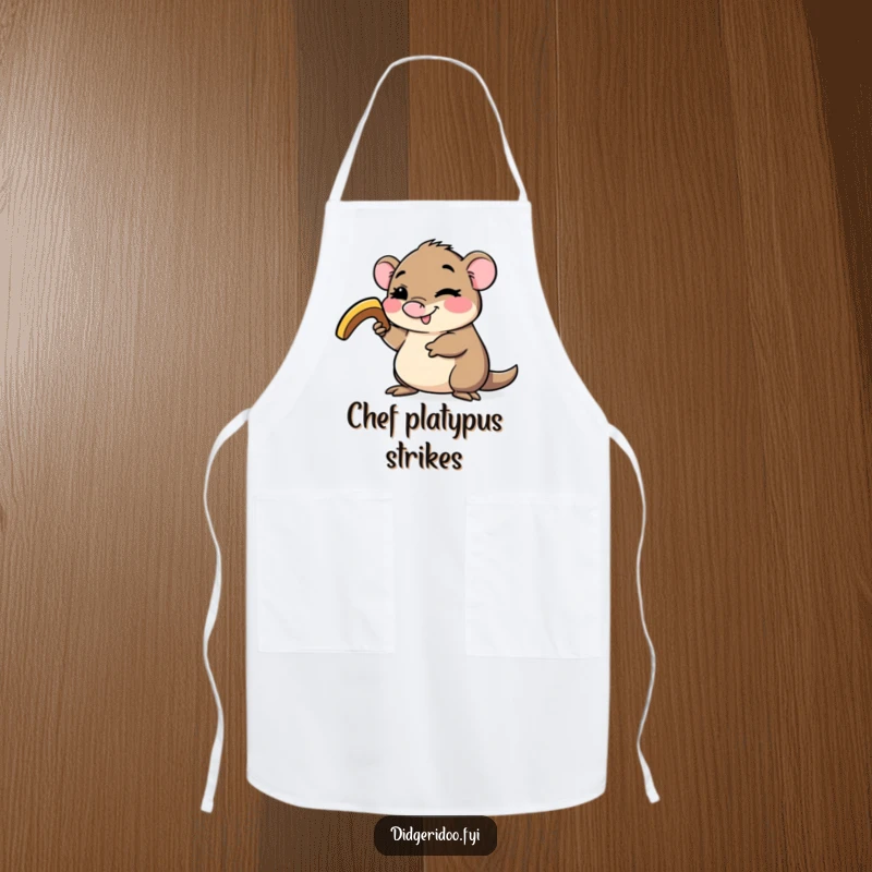 Funny platypus character apron, winking and holding a small boomerang, designed to bring quirky Australian-themed fun and flair to cooking.