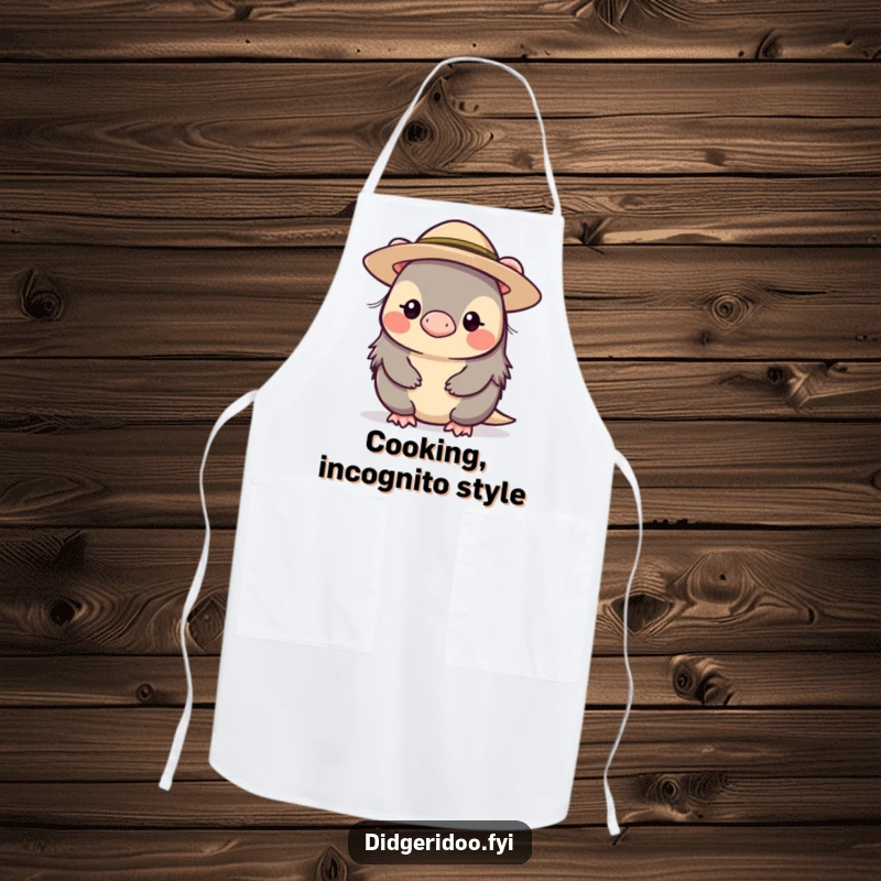 Funny, shy platypus character wearing a small, wide-brimmed hat, featured on an apron to protect clothes while cooking with understated humor.