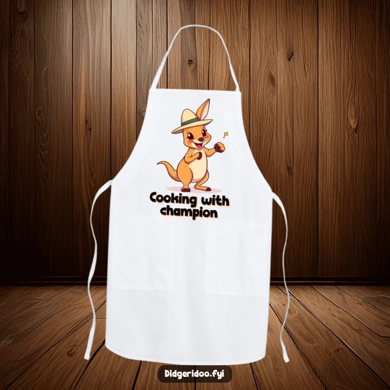 Funny apron showcasing a delighted kangaroo in an Akubra hat, playfully boxing, perfect for chefs who enjoy a bit of fun.