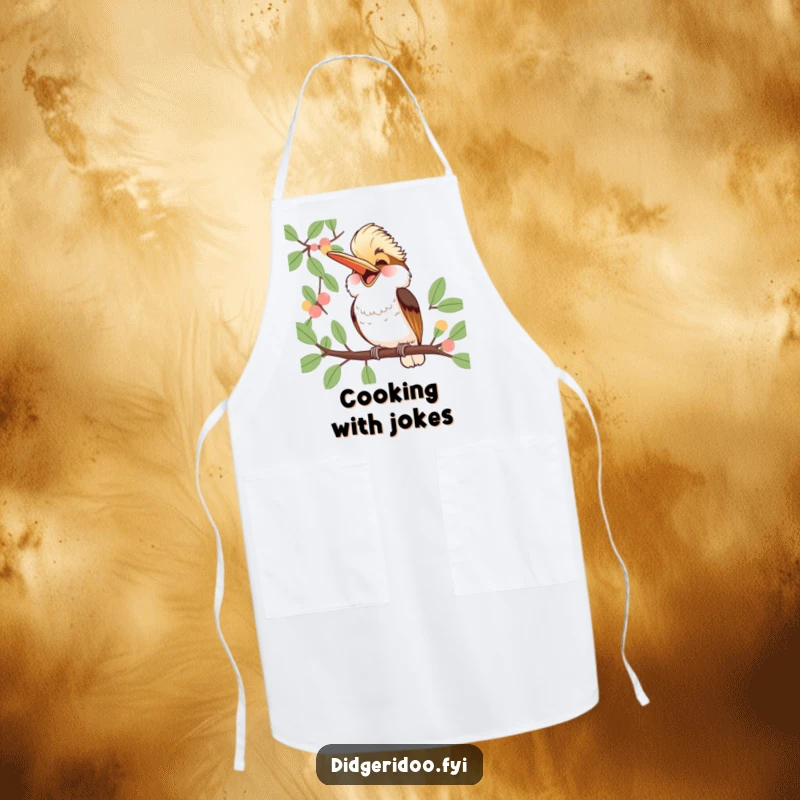 Funny Kookaburra Apron: a jubilant kookaburra laughs heartily from a eucalyptus branch, ideal for kitchen fun with infectious Aussie humor.