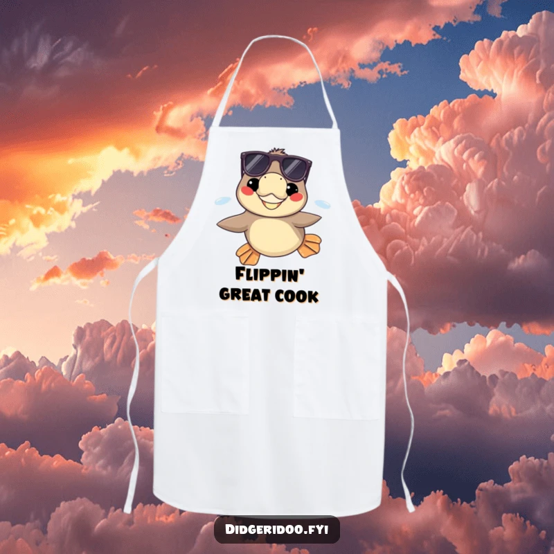 Funny platypus wearing sunglasses, grinning while swimming with flippers extended on an apron, bringing kitchen humor and aquatic flair.