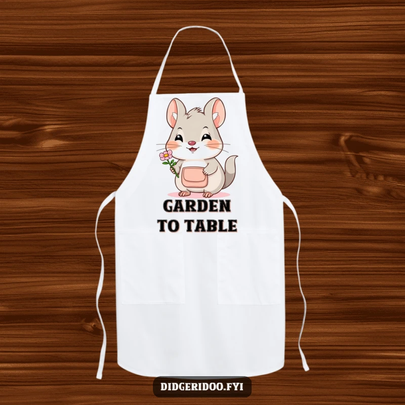 Funny Bilby Apron: A smiling bilby with a pouch offers a flower, ideal for a humorous and sweet cooking experience.