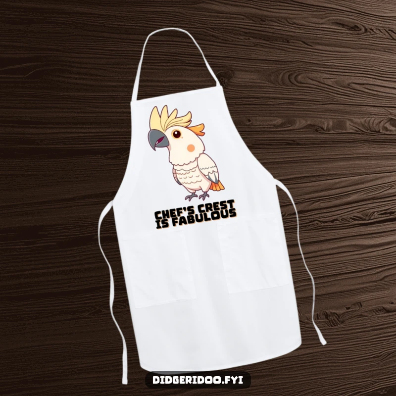 Funny cockatoo apron depicting a proud bird with a bright crest, puffing its chest out, ready to tackle kitchen tasks with flair.