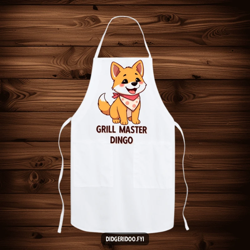 Funny kitchen apron featuring a delighted dingo wearing a bandana and wagging its tail, perfect for cooking and baking.