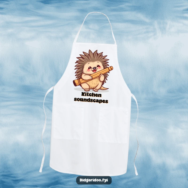 Funny playful echidna character happily playing a didgeridoo, on a cooking apron, adding musical fun to the kitchen.