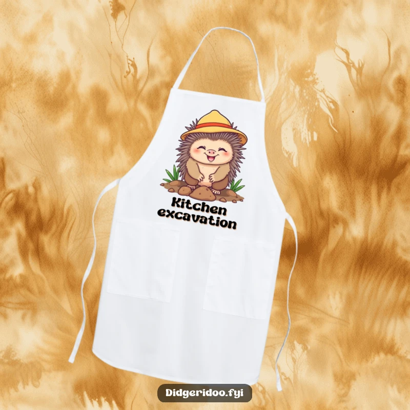 Funny Apron with a cheerful echidna wearing a sun hat, happily digging. A humorous accessory for gardening lovers.