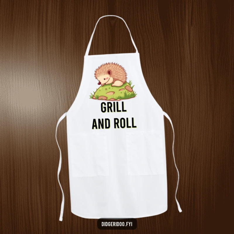 Funny echidna rolling playfully down a hill, on a hilarious animal-themed apron.