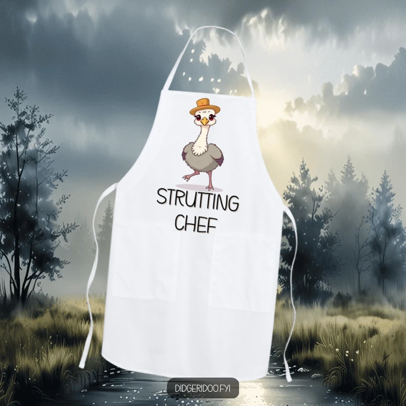 Funny Apron decorated with a proud emu wearing a tiny cork hat, strutting confidently.
