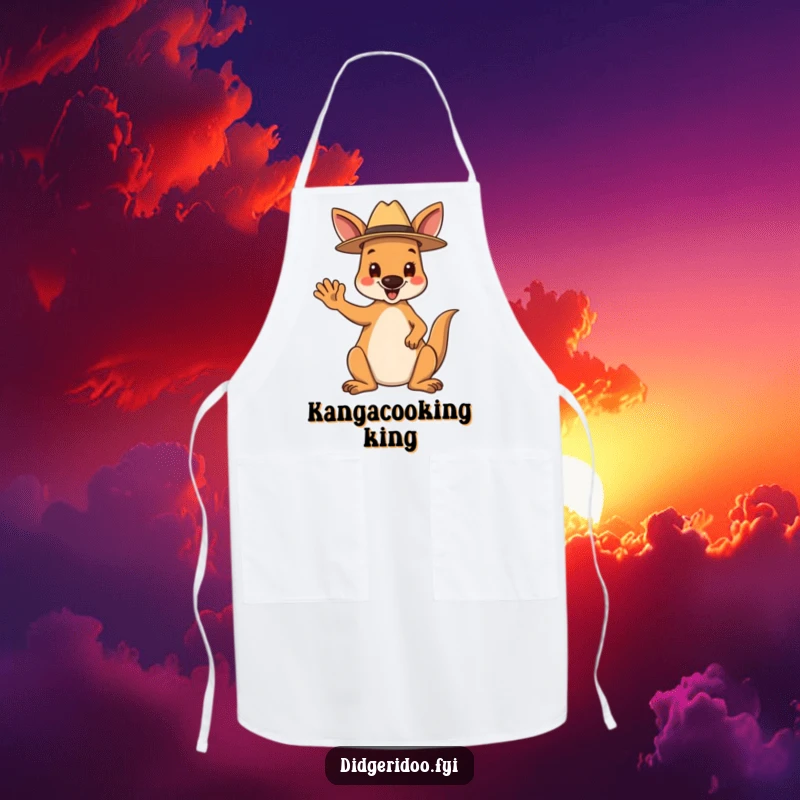 Funny Apron: A happy kangaroo wearing a tiny Akubra hat waves hello, a fun and protective kitchen accessory.