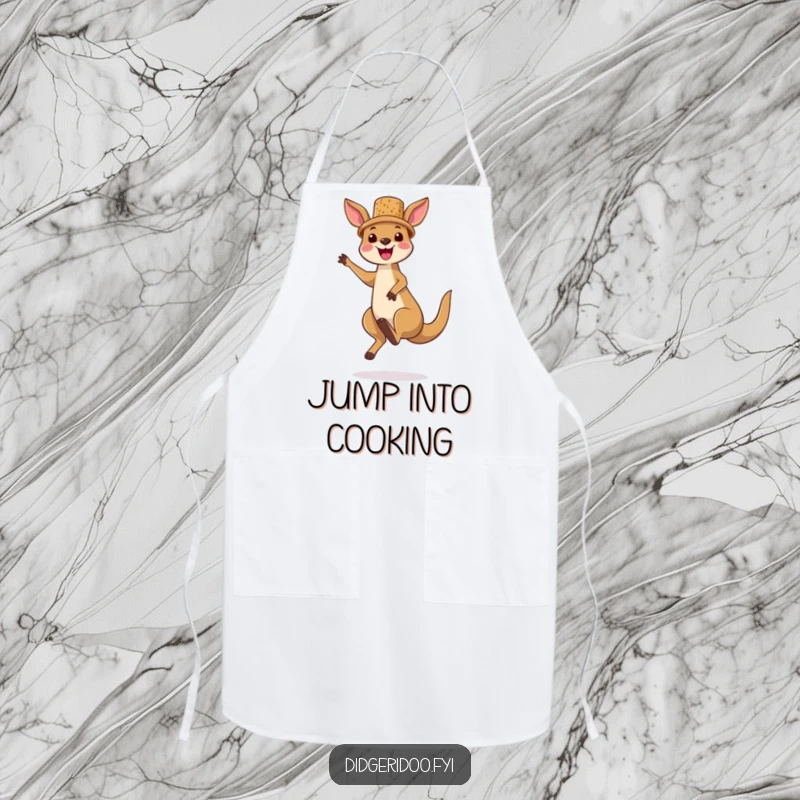 Funny kangaroo character apron, wearing a tiny cork hat and jumping high, designed to bring Aussie-themed fun and cheer to cooking.