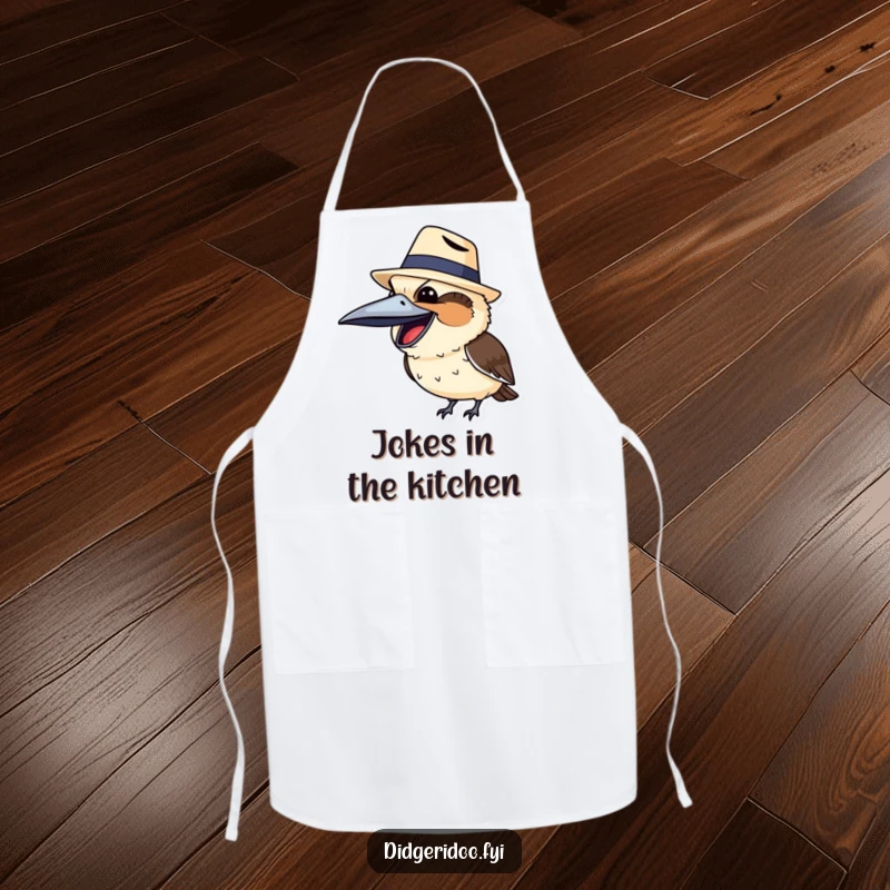Funny kookaburra wearing a tiny Akubra hat, humorously cooking with a big laugh, ready for kitchen duty.