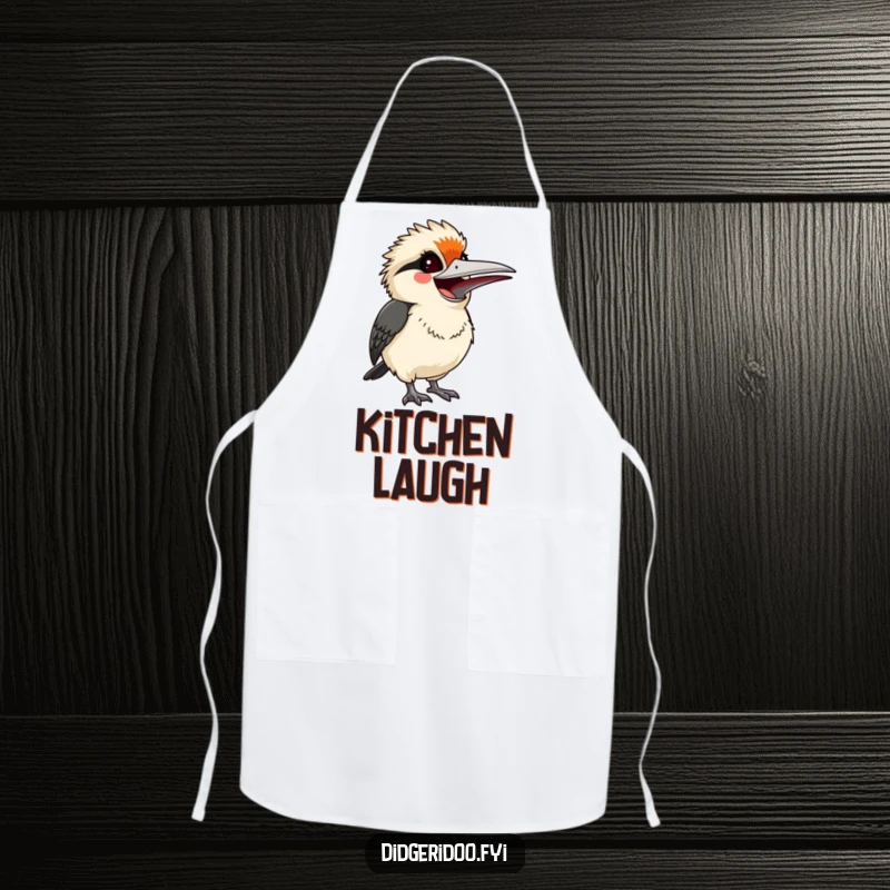 Funny startled but smiling kookaburra, letting out a joyful laugh, a humorous and practical apron for kitchen fun.