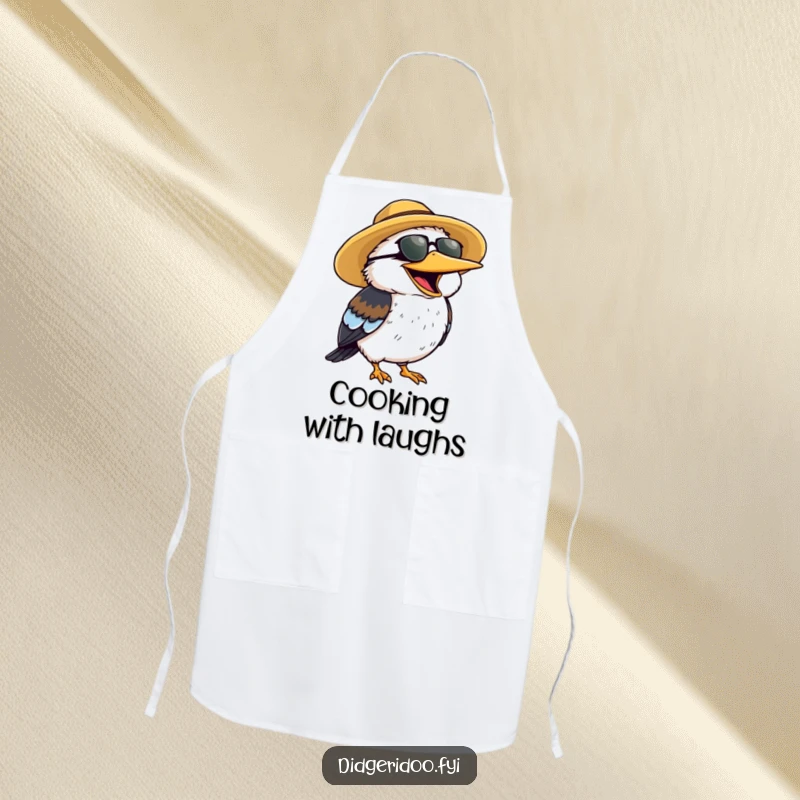 Funny Apron decorated with a cheerful kookaburra wearing a sun hat, laughing heartily.