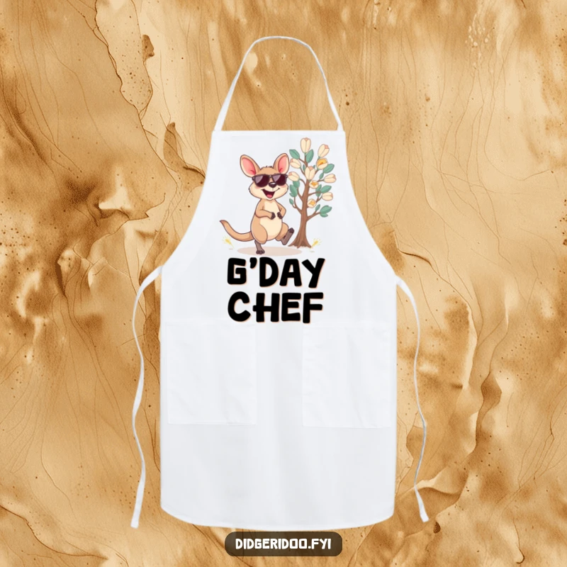 Funny wallaby apron showing a joyful wallaby in sunglasses hopping near eucalyptus, a stylish and amusing kitchen accessory.
