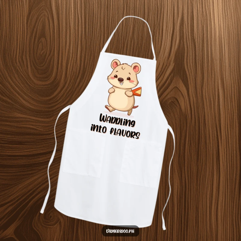Funny wombat apron showing a cheerful wombat waddling with a smile, carrying a tiny boomerang, for kitchen fun.