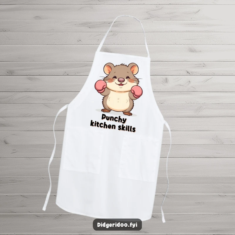 Funny wombat boxer apron featuring a cartoon wombat with boxing gloves dodging during a cook-off, a humorous kitchen accessory.