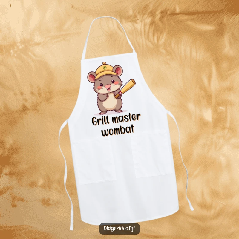 Funny Apron with a wobbly wombat wearing a cricket cap, enthusiastically batting. A humorous accessory for kitchen sports enthusiasts.
