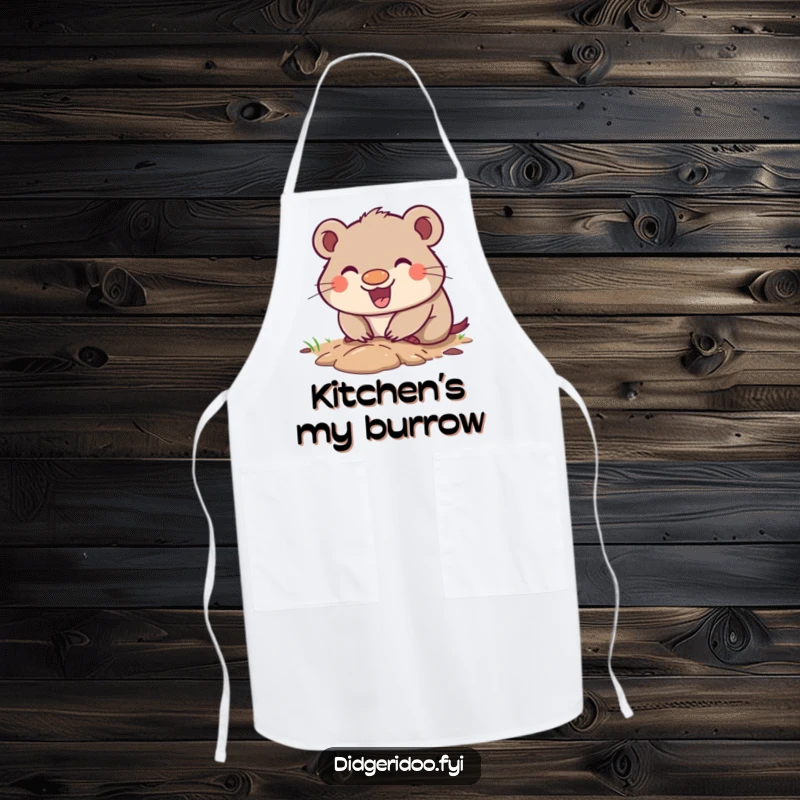 Funny Wombat Apron with a happy grin, digging a small enthusiastic hole, ideal for humorous and stylish cooking or baking.