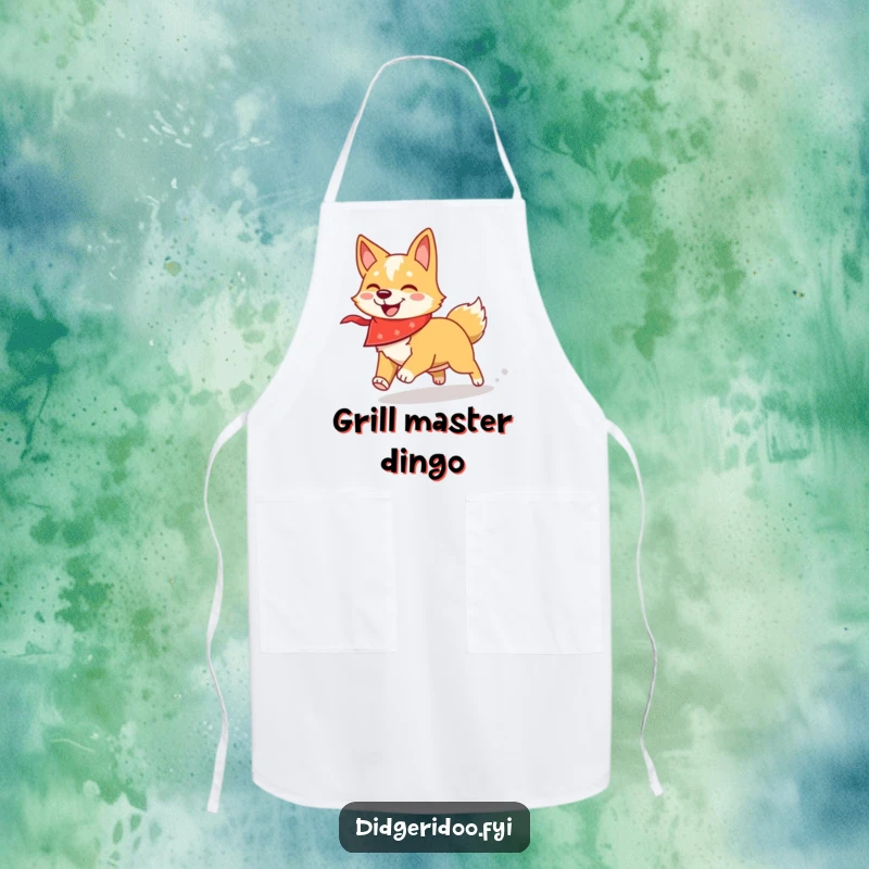 Funny dingo apron featuring a dingo in a bandana chasing a shadow, a stylish and amusing kitchen accessory.