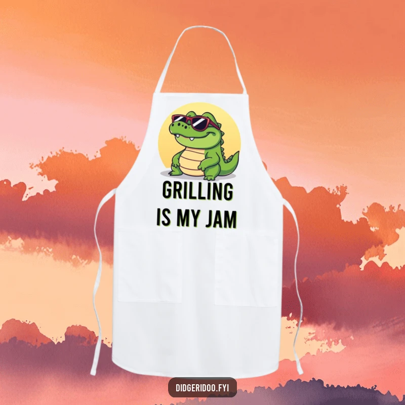 Funny crocodile apron showing a cool reptile in sunglasses, grinning and basking in the sun, ready for BBQ fun.