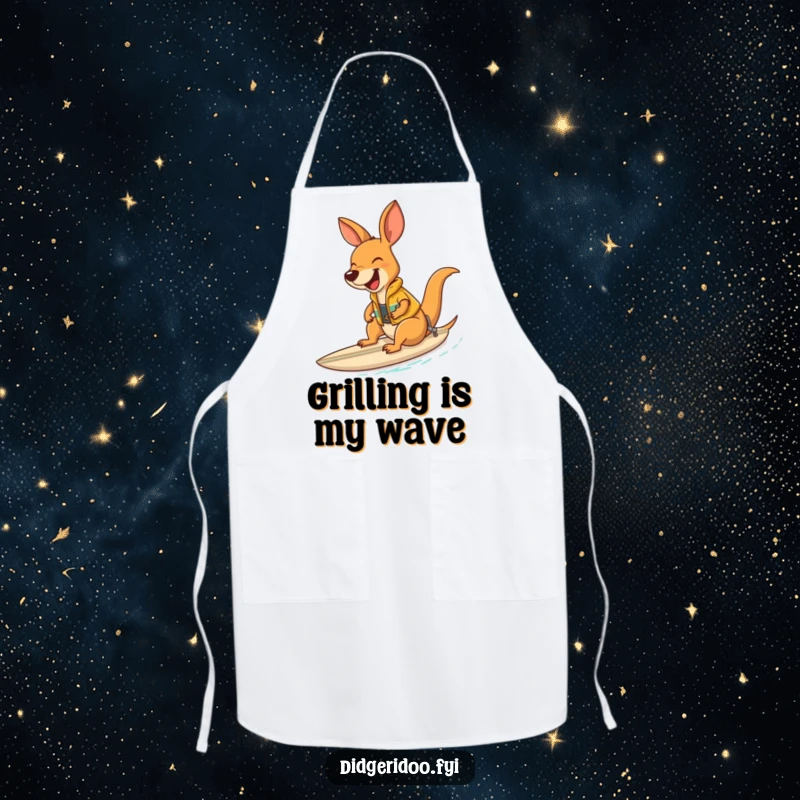 Funny kangaroo wearing a surf vest riding a surfboard, a humorous and protective apron for chefs.