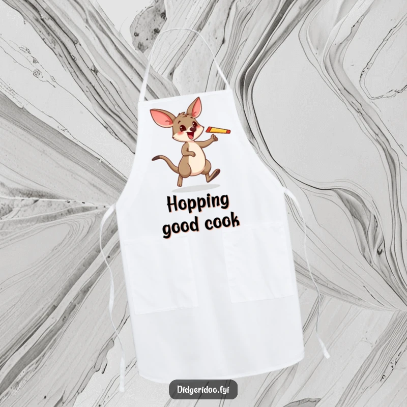 Funny apron depicting a wallaby happily hopping, boomerang in paw, ready for kitchen chaos and laughter.
