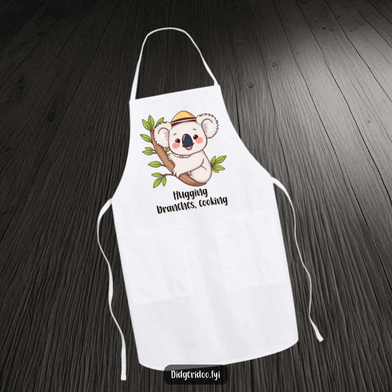 Funny koala in a hat, hugging a eucalyptus branch on an apron, bringing humor to the kitchen for a funny cooking experience.