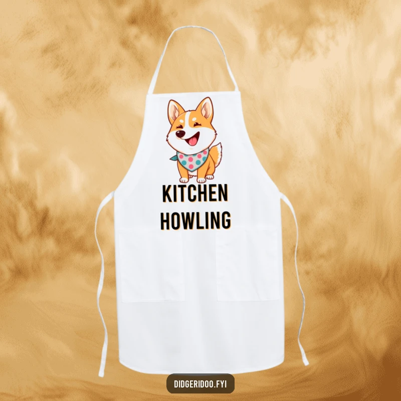 Funny dingo howling apron featuring a proud cartoon dingo wearing a bandana, a humorous kitchen accessory.