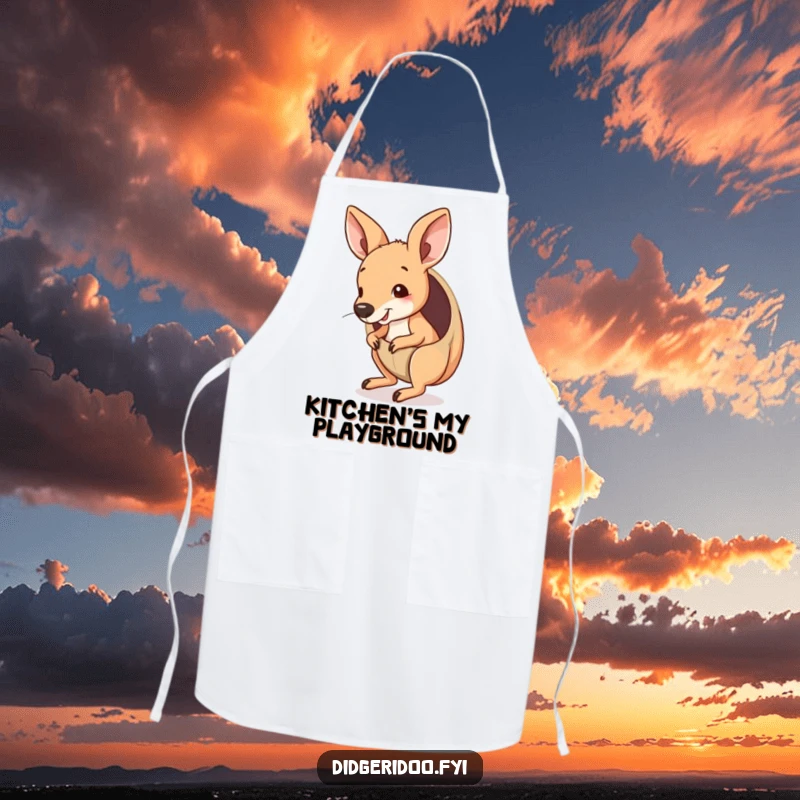 Funny Kangaroo Joey Apron peeking from a pouch, playfully bouncing, ideal for humorous and stylish cooking or baking.