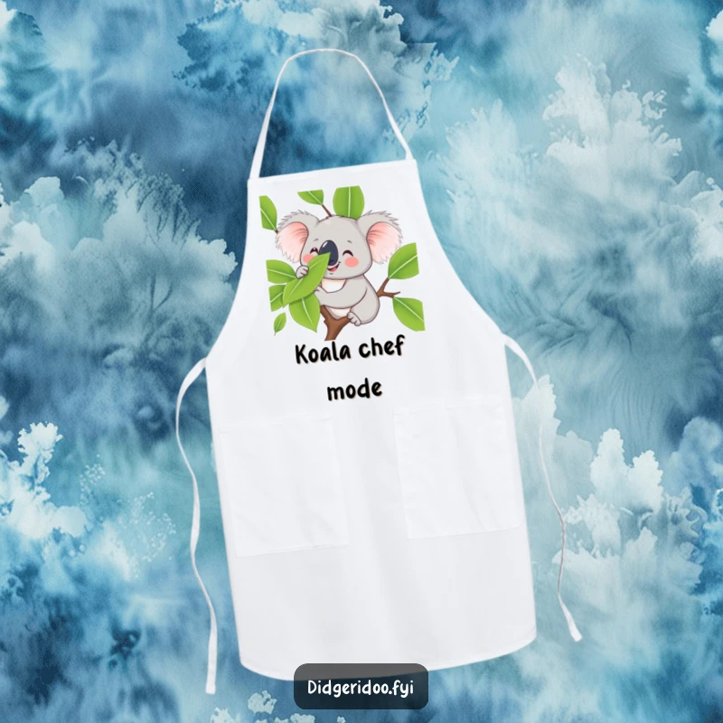 Funny koala character apron, smiling and balancing a eucalyptus leaf on its nose, designed to bring calm, cute, and humorous flair to cooking.