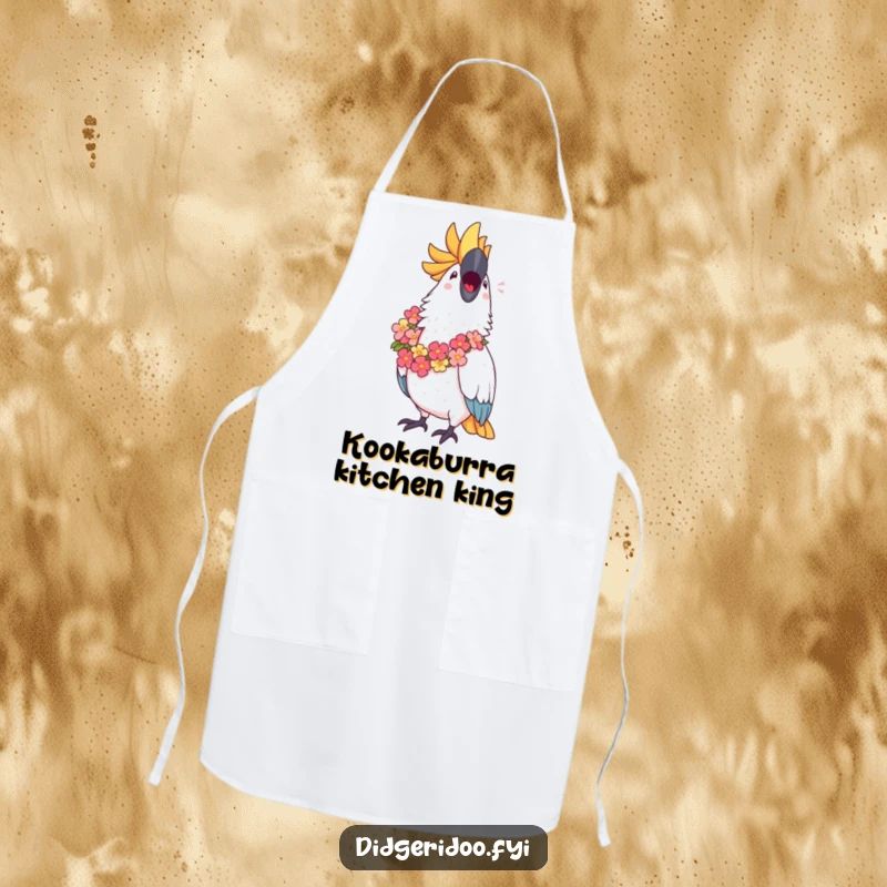 Funny Cockatoo Apron: A proud cockatoo with a lei sings joyfully, ideal for a humorous and musical cooking experience.