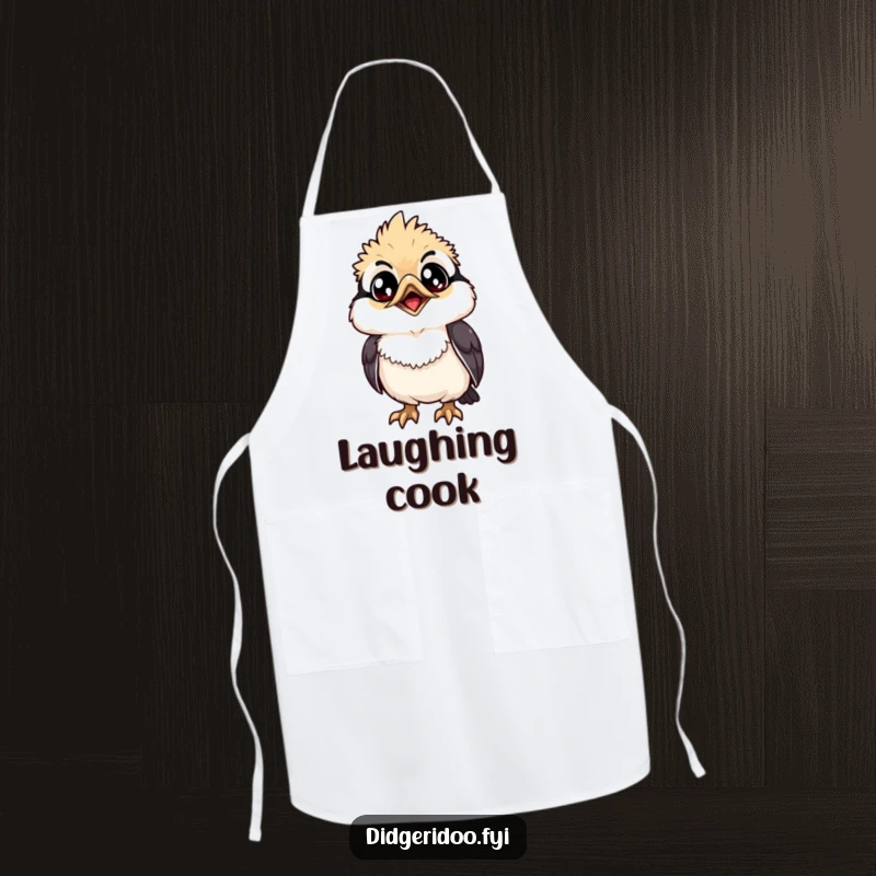 Funny Apron: A grinning kookaburra with wide eyes looks up, a fun and protective kitchen accessory.