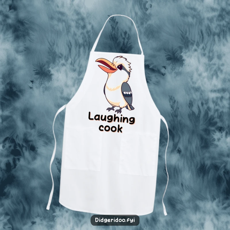 Funny Kookaburra Apron showing a cheerful bird with a wide beak mid-laugh, perfect for a happy cook.