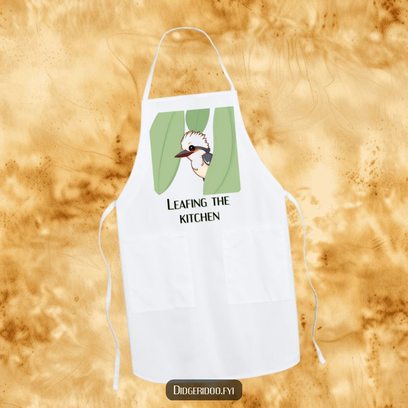 Funny kookaburra apron, curious bird peeking from eucalyptus leaf, humorous kitchen accessory, chef gift for bird lovers.