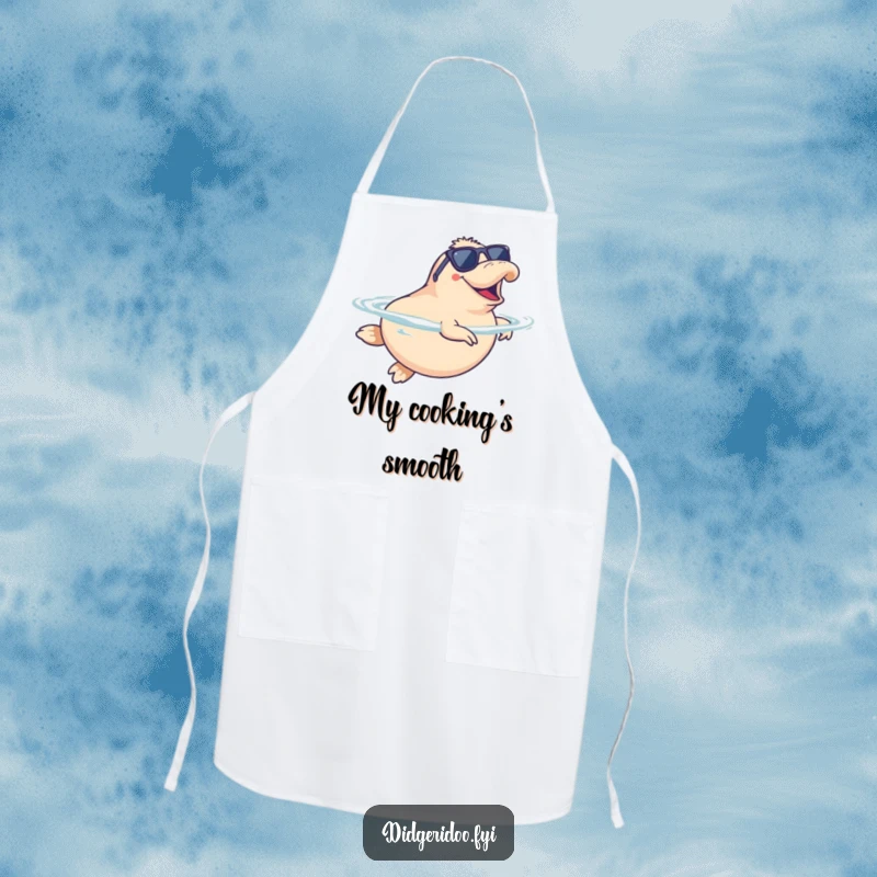 Funny Platypus Apron wearing sunglasses, doing a happy synchronized swim, ideal for humorous and stylish cooking or baking.