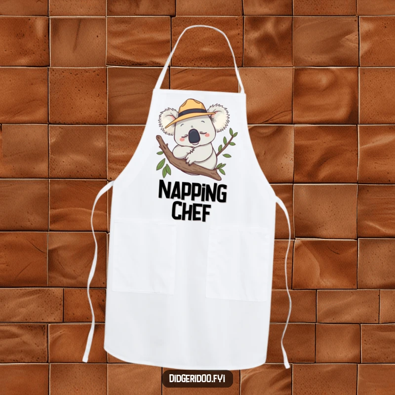 Funny Apron with a smiling koala in an Akubra hat, snoozing on a branch, for kitchen fun.