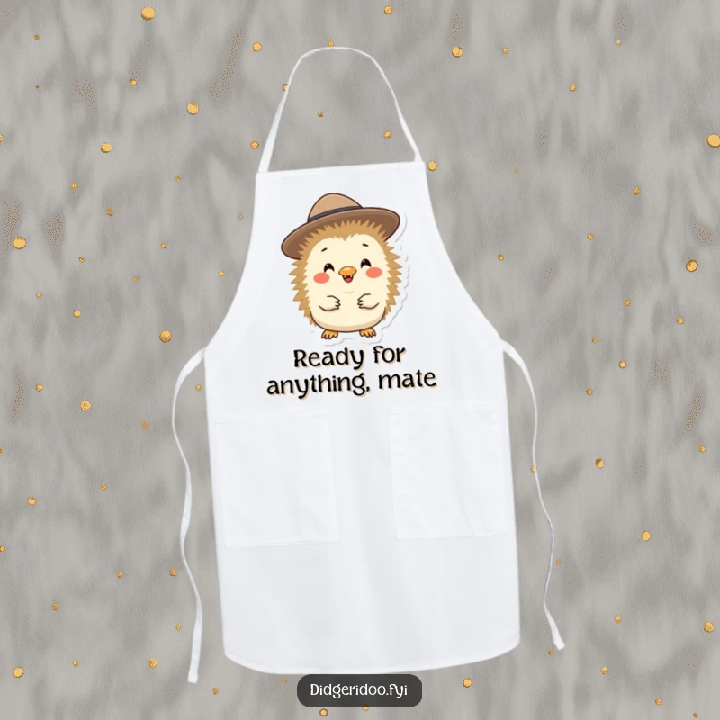 Funny and cheerful echidna character wearing a small Akubra hat, ready to protect your clothes while cooking in this fun apron.