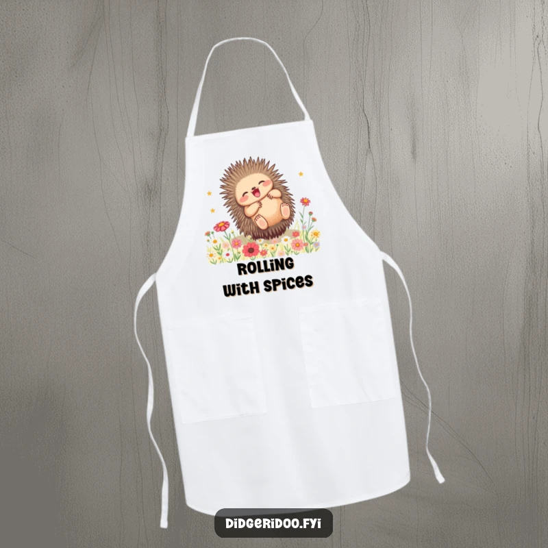 Funny Echidna Wildflower Apron: A playful echidna rolls happily in wildflowers, adding whimsical and funny vibes to your kitchen attire.