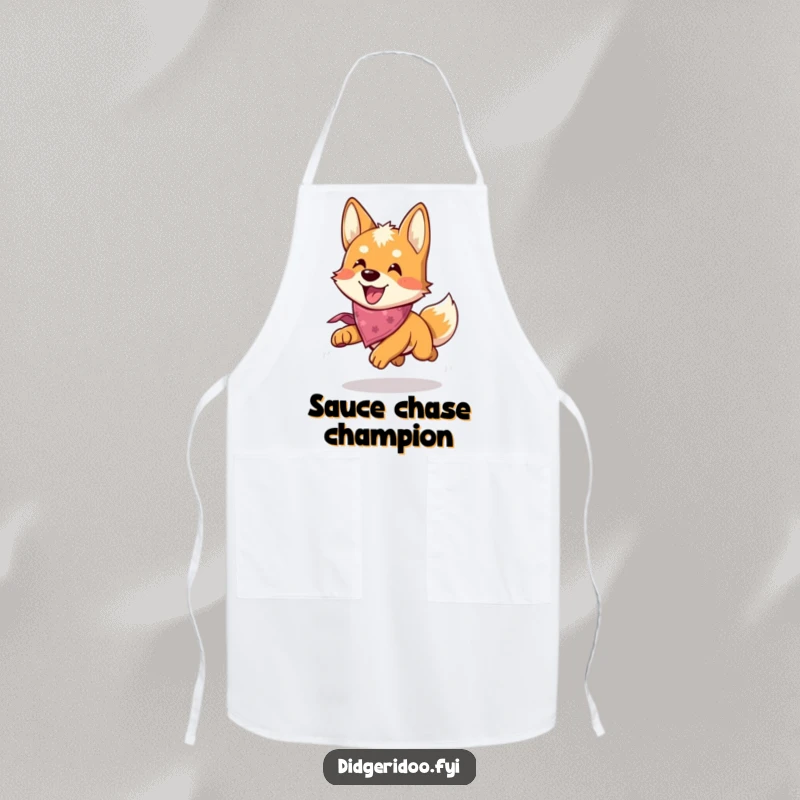 Funny Dingo Apron: A happy dingo with a bandana is caught in a playful chase, perfect for a humorous cooking experience.