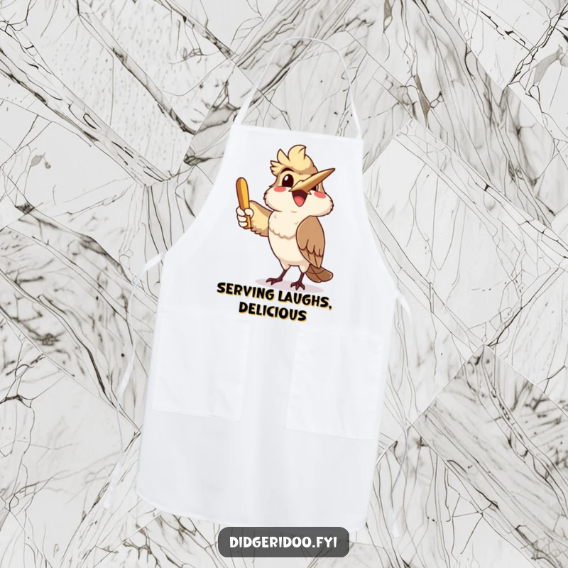 Funny, delighted kookaburra character joyfully throwing a boomerang, featured on an apron to protect clothes while cooking with humor.