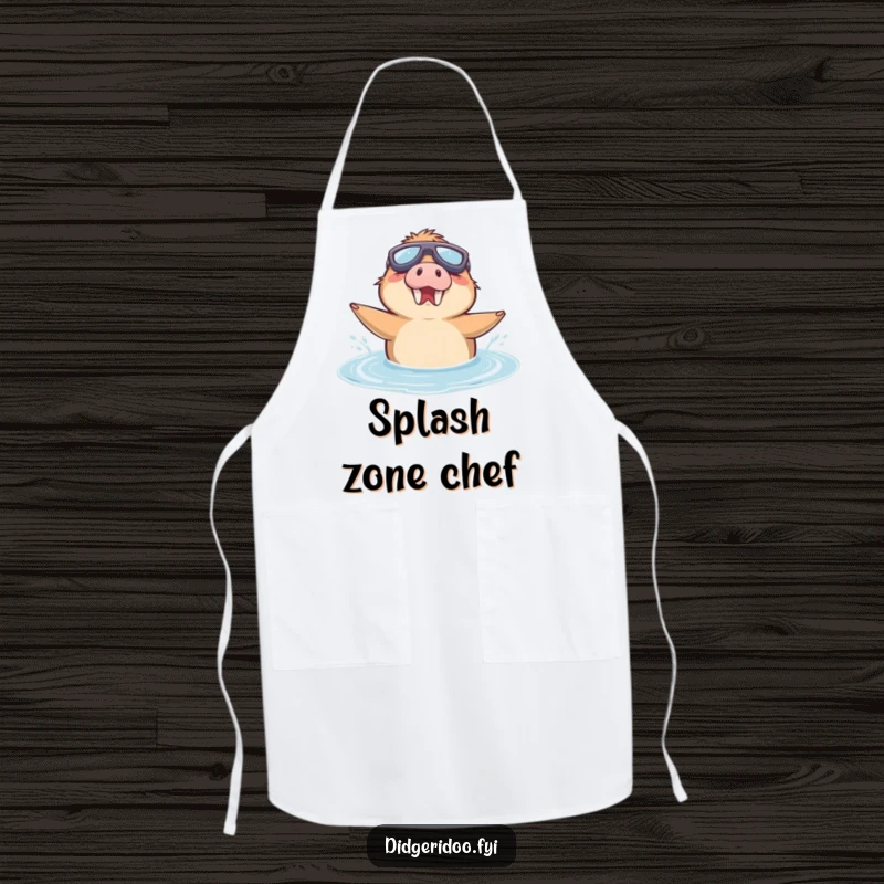 Funny Apron decorated with a delighted platypus wearing goggles, enthusiastically swimming in a puddle.