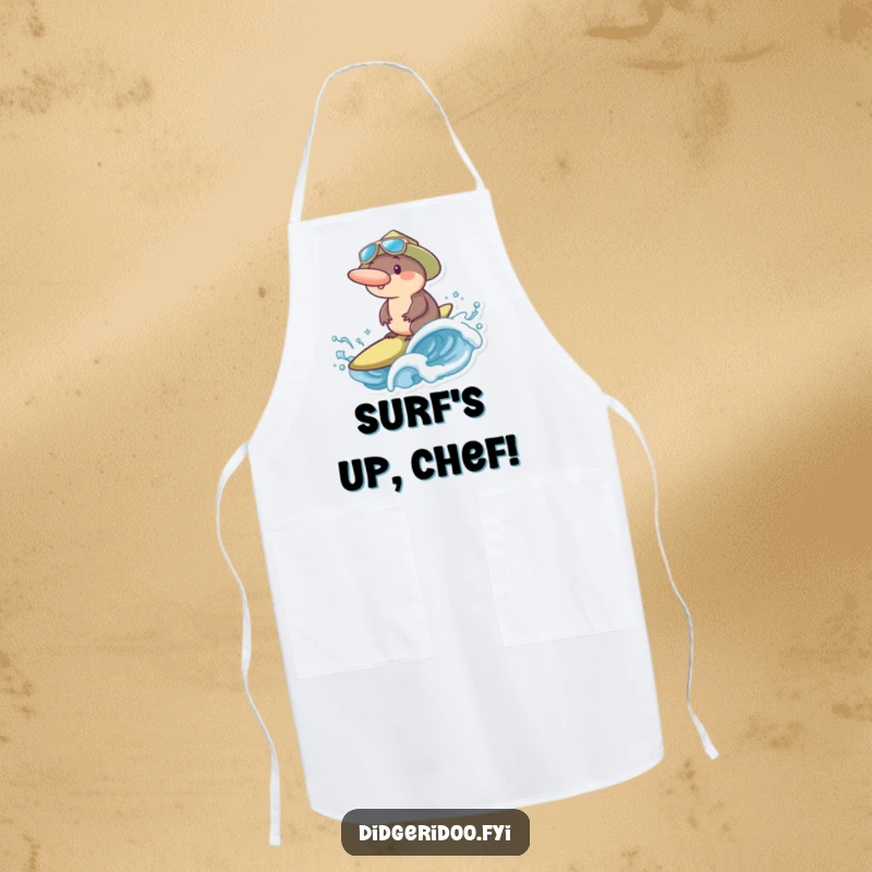 Funny platypus in a surf hat, ready to cook, humorously balancing on an ocean wave, a playful kitchen companion.