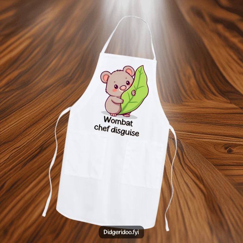 Funny wombat apron showing a curious character peeking from behind a bouncy gum leaf, adding charming Aussie flair to cooking.