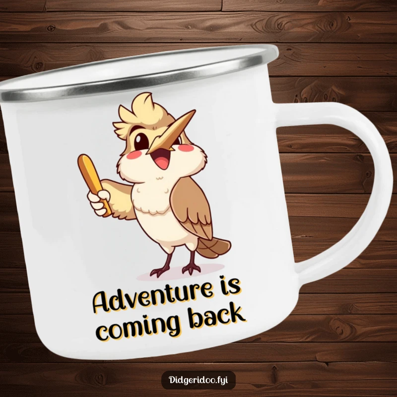 Funny, delighted kookaburra character joyfully throwing a boomerang, ready for adventure on a durable camping mug.