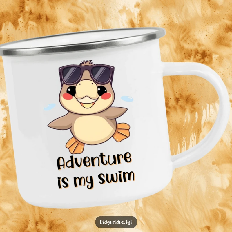 Funny platypus wearing sunglasses, grinning while swimming with flippers extended on a camping mug, ideal for cool outdoor drinks.