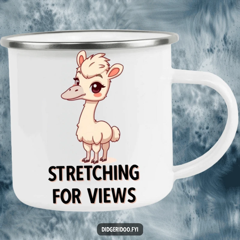 Funny emu camping mug showing a playful bird stretching its long neck with a curious look, ready for outdoor exploration.