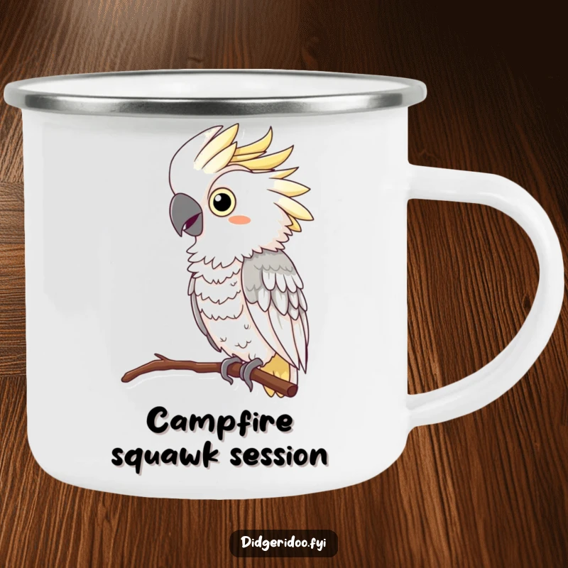 Funny Cockatoo Camping Mug: A curious cockatoo in a feather boa perches and squawks, a humorous and rugged mug for outdoor fun.