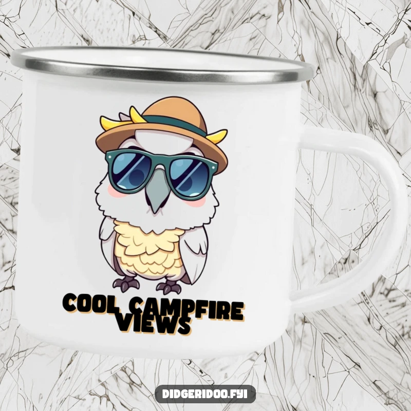 Funny cheerful cockatoo wearing sunglasses and an Akubra hat, on a camping mug, perfect for cool outdoor fun.
