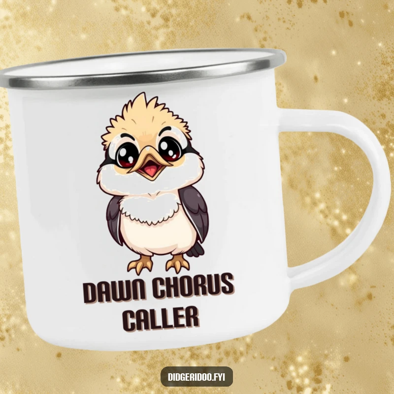 Funny Camping Mug: A grinning kookaburra with wide eyes looks up, a sturdy and amusing outdoor mug.
